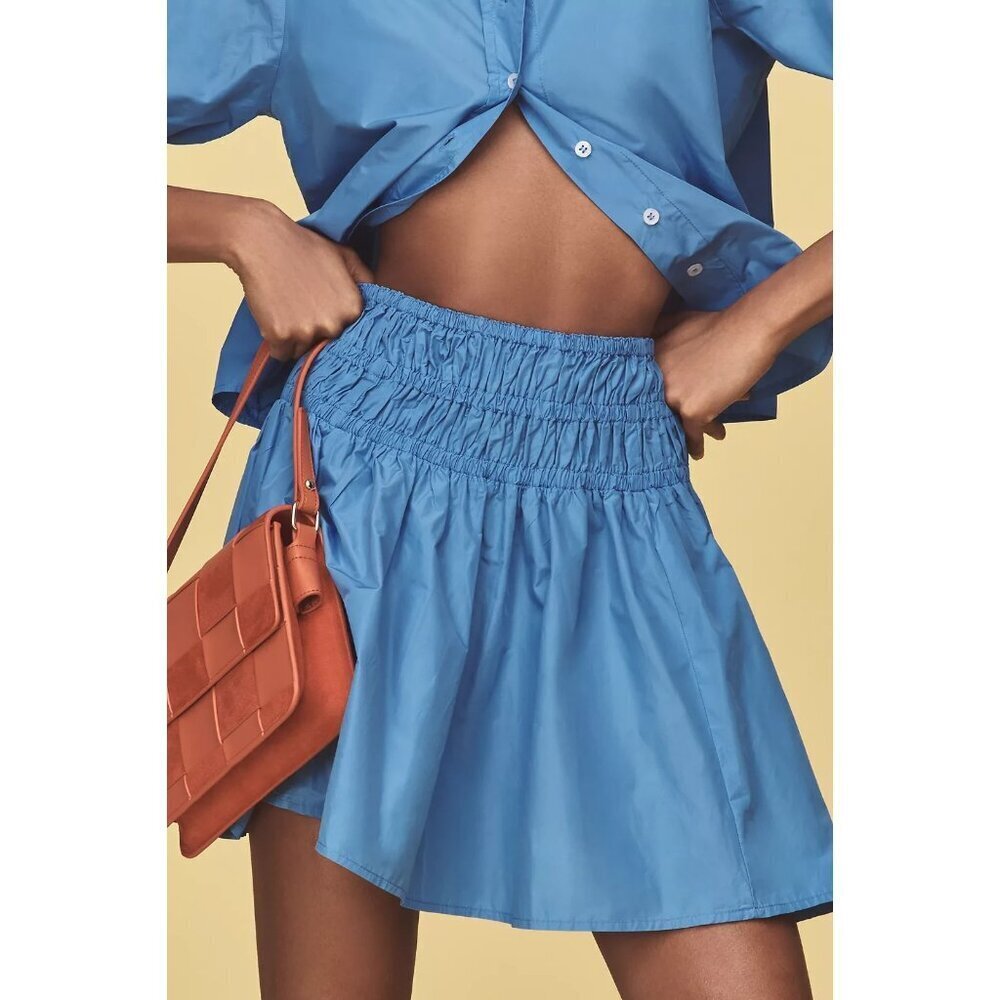 By Anthropologie Smocked Drop-Waist Mini Skirt Blue L